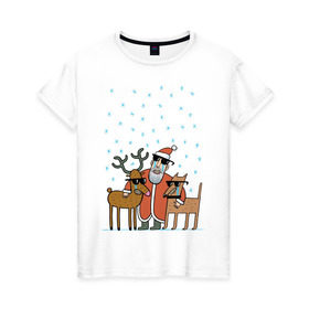 Женская футболка хлопок с принтом THE HATTERS: Дед Мороз не показывает слёз в Кировске, 100% хлопок | прямой крой, круглый вырез горловины, длина до линии бедер, слегка спущенное плечо | hatters | дед мороз | джипси | музыченко | новый год | олень | рождество | рок | ска | снег | снежинки | фолк | шляпники
