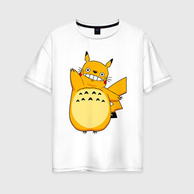 Женская футболка хлопок Oversize с принтом Pika Totoro в Кировске, 100% хлопок | свободный крой, круглый ворот, спущенный рукав, длина до линии бедер
 | forest | friend | ghibli | japan | keeper | miyazaki | nature | neigbor | neighbour | pikachu | pokemon | totoro | анимация | аниме | гибли | друг | животные | лес | любовь | милый | мир | миядзаки | мульт | мультфильм | пика | пикачу | покемон | приключе