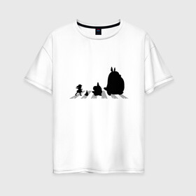 Женская футболка хлопок Oversize с принтом Totoro Beatles в Кировске, 100% хлопок | свободный крой, круглый ворот, спущенный рукав, длина до линии бедер
 | abbey road | beatles | forest | friend | ghibli | japan | keeper | miyazaki | music | nature | neigbor | neighbo | rock | totoro | анимация | аниме | битлз | гибли | друг | животные | лес | любовь | милый | мир | миядзаки | музыка | мульт | мультфильм | п
