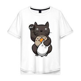 Мужская футболка хлопок Oversize с принтом Totoro Maneki Neko в Кировске, 100% хлопок | свободный крой, круглый ворот, “спинка” длиннее передней части | Тематика изображения на принте: cat | forest | friend | ghibli | japan | keeper | miyazaki | nature | neigbor | neighbour | totoro | анимация | аниме | гибли | друг | животные | кот | котенок | котик | кошка | лес | любовь | милый | мир | миядзаки | мульт | мультфильм