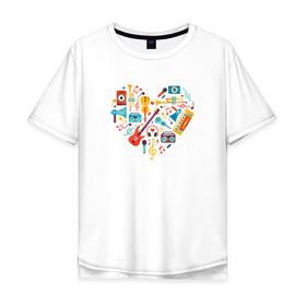 Мужская футболка хлопок Oversize с принтом Музыкальное Сердце в Кировске, 100% хлопок | свободный крой, круглый ворот, “спинка” длиннее передней части | музыка | музыкальное сердце | музыкальные инструменты | рисунок | сердце