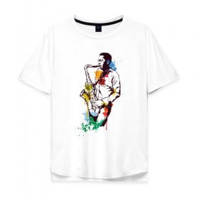 Мужская футболка хлопок Oversize с принтом Джаз в Кировске, 100% хлопок | свободный крой, круглый ворот, “спинка” длиннее передней части | акварель | джаз | краски | музыка | музыкант | рисунок | саксофон | человек