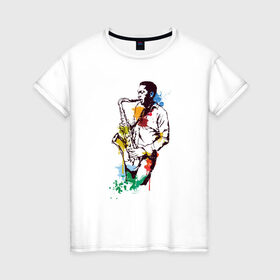 Женская футболка хлопок с принтом Джаз в Кировске, 100% хлопок | прямой крой, круглый вырез горловины, длина до линии бедер, слегка спущенное плечо | акварель | джаз | краски | музыка | музыкант | рисунок | саксофон | человек