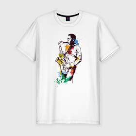Мужская футболка премиум с принтом Джаз в Кировске, 92% хлопок, 8% лайкра | приталенный силуэт, круглый вырез ворота, длина до линии бедра, короткий рукав | акварель | джаз | краски | музыка | музыкант | рисунок | саксофон | человек