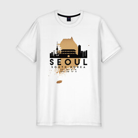 Мужская футболка хлопок Slim с принтом Сеул (Южная Корея) в Кировске, 92% хлопок, 8% лайкра | приталенный силуэт, круглый вырез ворота, длина до линии бедра, короткий рукав | Тематика изображения на принте: city | korea | seoul | travel | город | европа | карта | корея | мир | приключение | путешествие | сеул | столица | страна | туризм | турист | флаг