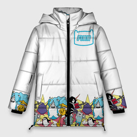 Женская зимняя куртка 3D с принтом Finn Adventure Time в Кировске, верх — 100% полиэстер; подкладка — 100% полиэстер; утеплитель — 100% полиэстер | длина ниже бедра, силуэт Оверсайз. Есть воротник-стойка, отстегивающийся капюшон и ветрозащитная планка. 

Боковые карманы с листочкой на кнопках и внутренний карман на молнии | Тематика изображения на принте: adventure time | dsgnosadchaya | vdosadir | бимо | время приключений | гантер | джейк | марселин | пендлтон уорд | пупырка | снежный король | финн