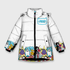 Зимняя куртка для девочек 3D с принтом Finn Adventure Time в Кировске, ткань верха — 100% полиэстер; подклад — 100% полиэстер, утеплитель — 100% полиэстер. | длина ниже бедра, удлиненная спинка, воротник стойка и отстегивающийся капюшон. Есть боковые карманы с листочкой на кнопках, утяжки по низу изделия и внутренний карман на молнии. 

Предусмотрены светоотражающий принт на спинке, радужный светоотражающий элемент на пуллере молнии и на резинке для утяжки. | Тематика изображения на принте: adventure time | dsgnosadchaya | vdosadir | бимо | время приключений | гантер | джейк | марселин | пендлтон уорд | пупырка | снежный король | финн