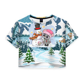Женская футболка Cropp-top с принтом Милая мышка со снеговиком в Кировске, 100% полиэстер | круглая горловина, длина футболки до линии талии, рукава с отворотами | 2020 | mouse | rat | годкрысы | годмыши | зима | зимняя | крыса | мороз | мышка | мышь | новогодняя | новый год | новый год 2020 | рождество | симолгода | снег | холод