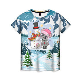 Женская футболка 3D с принтом Милая мышка со снеговиком в Кировске, 100% полиэфир ( синтетическое хлопкоподобное полотно) | прямой крой, круглый вырез горловины, длина до линии бедер | 2020 | mouse | rat | годкрысы | годмыши | зима | зимняя | крыса | мороз | мышка | мышь | новогодняя | новый год | новый год 2020 | рождество | симолгода | снег | холод