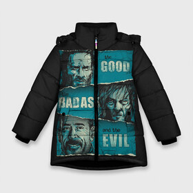 Зимняя куртка для девочек 3D с принтом Good Badass Evil в Кировске, ткань верха — 100% полиэстер; подклад — 100% полиэстер, утеплитель — 100% полиэстер. | длина ниже бедра, удлиненная спинка, воротник стойка и отстегивающийся капюшон. Есть боковые карманы с листочкой на кнопках, утяжки по низу изделия и внутренний карман на молнии. 

Предусмотрены светоотражающий принт на спинке, радужный светоотражающий элемент на пуллере молнии и на резинке для утяжки. | Тематика изображения на принте: amc | carol | daryl | dixon | michonne | negan | reaction | rick | season 10 | twd | zombies | диксон | дэрил | зомби | мертвецы | мишонн | неган | реакция | рик | ходячие