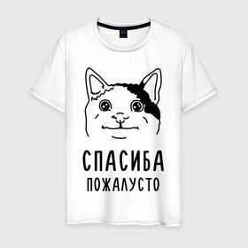 Мужская футболка хлопок с принтом Вежливый котик в Кировске, 100% хлопок | прямой крой, круглый вырез горловины, длина до линии бедер, слегка спущенное плечо. | memes | polite cat | вежливый котик | вежливый котик мем | котик | мем с котом | мемы | пожалйста | приколы | спасиба пожалусто | спасибо