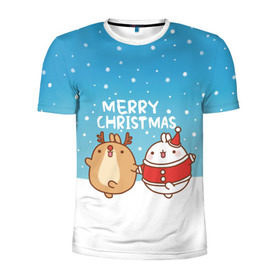 Мужская футболка 3D спортивная с принтом Molang. Merry Christmas в Кировске, 100% полиэстер с улучшенными характеристиками | приталенный силуэт, круглая горловина, широкие плечи, сужается к линии бедра | Тематика изображения на принте: chicken | christmas | deer | korea | molang | newyear | piupiu | rabbit | smow | snowflakes | winter | год | зима | корея | кролик | моланг | новый | олень | пиу | рождество | снег | снежинка
