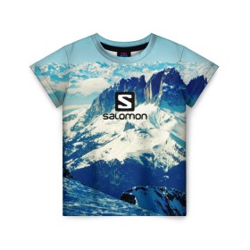 Детская футболка 3D с принтом SALOMON в Кировске, 100% гипоаллергенный полиэфир | прямой крой, круглый вырез горловины, длина до линии бедер, чуть спущенное плечо, ткань немного тянется | salomon | горы | снег | спорт