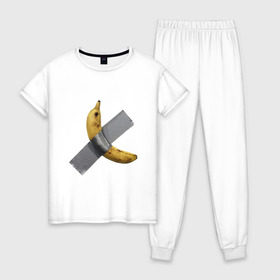 Женская пижама хлопок с принтом Банан за 120 тысяч долларов в Кировске, 100% хлопок | брюки и футболка прямого кроя, без карманов, на брюках мягкая резинка на поясе и по низу штанин | art basel | banan | mem | memas | meme | мем | мемас | мемчик