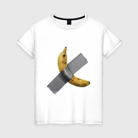 Женская футболка хлопок с принтом  Банан за 120 тысяч долларов в Кировске, 100% хлопок | прямой крой, круглый вырез горловины, длина до линии бедер, слегка спущенное плечо | art basel | banan | mem | memas | meme | мем | мемас | мемчик