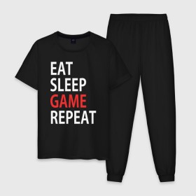 Мужская пижама хлопок с принтом Eat sleep game repeat в Кировске, 100% хлопок | брюки и футболка прямого кроя, без карманов, на брюках мягкая резинка на поясе и по низу штанин
 | bf | cod | cs go | dota 2 | eat sleep game repert | esgr | gamer | games | lol | mem | memes | pc | ps3 | ps4 | wow | xbox | ешь спи играй повтори | игра | игрок | игры | мем | мемы