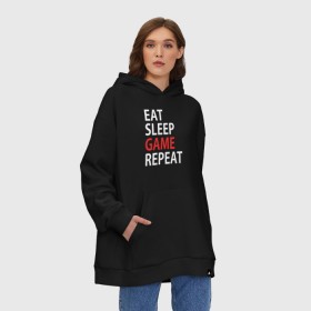 Худи SuperOversize хлопок с принтом Eat sleep game repeat в Кировске, 70% хлопок, 30% полиэстер, мягкий начес внутри | карман-кенгуру, эластичная резинка на манжетах и по нижней кромке, двухслойный капюшон
 | bf | cod | cs go | dota 2 | eat sleep game repert | esgr | gamer | games | lol | mem | memes | pc | ps3 | ps4 | wow | xbox | ешь спи играй повтори | игра | игрок | игры | мем | мемы