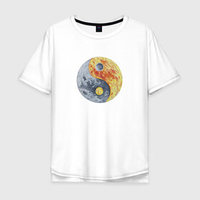 Мужская футболка хлопок Oversize с принтом Луна (Инь-Янь) в Кировске, 100% хлопок | свободный крой, круглый ворот, “спинка” длиннее передней части | инь янь | китайская культура | луна | планета | рисунок | фэншуй