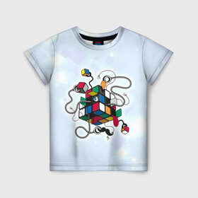 Детская футболка 3D с принтом Кубик Рубика в Кировске, 100% гипоаллергенный полиэфир | прямой крой, круглый вырез горловины, длина до линии бедер, чуть спущенное плечо, ткань немного тянется | mathematica | кубик | магия. формулы | математика | наука | рубика | соберись | технарь