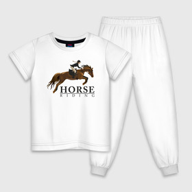 Детская пижама хлопок с принтом HORSE RIDING в Кировске, 100% хлопок |  брюки и футболка прямого кроя, без карманов, на брюках мягкая резинка на поясе и по низу штанин
 | Тематика изображения на принте: животные | конный спорт | конь | лошадь | наездник | спорт | стикер