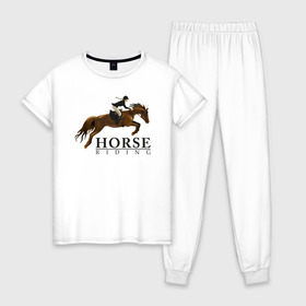 Женская пижама хлопок с принтом HORSE RIDING в Кировске, 100% хлопок | брюки и футболка прямого кроя, без карманов, на брюках мягкая резинка на поясе и по низу штанин | животные | конный спорт | конь | лошадь | наездник | спорт | стикер