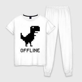 Женская пижама хлопок с принтом Offline в Кировске, 100% хлопок | брюки и футболка прямого кроя, без карманов, на брюках мягкая резинка на поясе и по низу штанин | Тематика изображения на принте: dinosaur | google | internet | offline | гугл | динозавр | интернет | офлайн | оффлайн