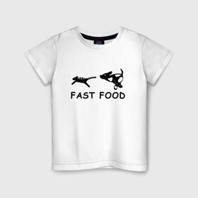 Детская футболка хлопок с принтом Fast food (черный) в Кировске, 100% хлопок | круглый вырез горловины, полуприлегающий силуэт, длина до линии бедер | fast food | бег | быстрая еда | быстро | догнать | домашние животные | животные | забавные животные | кот | кот и пес | кошка | ловить | любителю собак | пес | преследовать | прикол | смешное