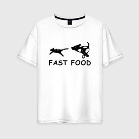 Женская футболка хлопок Oversize с принтом Fast food (черный) в Кировске, 100% хлопок | свободный крой, круглый ворот, спущенный рукав, длина до линии бедер
 | fast food | бег | быстрая еда | быстро | догнать | домашние животные | животные | забавные животные | кот | кот и пес | кошка | ловить | любителю собак | пес | преследовать | прикол | смешное