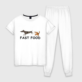 Женская пижама хлопок с принтом Fast food (цвет) в Кировске, 100% хлопок | брюки и футболка прямого кроя, без карманов, на брюках мягкая резинка на поясе и по низу штанин | fast food | бег | быстрая еда | быстро | догнать | домашние животные | животные | забавные животные | кот | кот и пес | кошка | кошка бежит | кошка и собака | ловить | любителю кошек | пес | преследовать