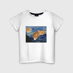 Детская футболка хлопок с принтом Звёздная ночь и коты в Кировске, 100% хлопок | круглый вырез горловины, полуприлегающий силуэт, длина до линии бедер | Тематика изображения на принте: арт | ван гог | животные | звёздная ночь | искусство | картина | котик | коты | кошка | мем | прикол | смешная картинка | юмор