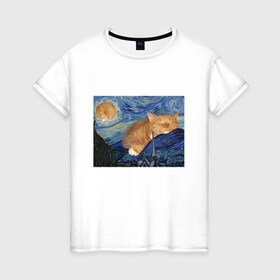 Женская футболка хлопок с принтом Звёздная ночь и коты в Кировске, 100% хлопок | прямой крой, круглый вырез горловины, длина до линии бедер, слегка спущенное плечо | арт | ван гог | животные | звёздная ночь | искусство | картина | котик | коты | кошка | мем | прикол | смешная картинка | юмор