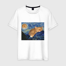 Мужская футболка хлопок с принтом Звёздная ночь и коты в Кировске, 100% хлопок | прямой крой, круглый вырез горловины, длина до линии бедер, слегка спущенное плечо. | арт | ван гог | животные | звёздная ночь | искусство | картина | котик | коты | кошка | мем | прикол | смешная картинка | юмор