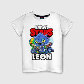 Детская футболка хлопок с принтом BRAWL STARS LEON в Кировске, 100% хлопок | круглый вырез горловины, полуприлегающий силуэт, длина до линии бедер | brawl stars | brawl stars leon | brawler | leon | shark | werewolf | акула | бравл старз | бравлер | леон | оборотень