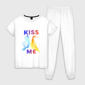 Женская пижама хлопок с принтом Kiss Me в Кировске, 100% хлопок | брюки и футболка прямого кроя, без карманов, на брюках мягкая резинка на поясе и по низу штанин | cyber | kiss | абстракция | волны | любовь | поцелуй