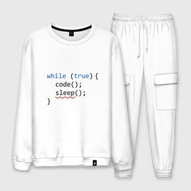 Мужской костюм хлопок с принтом Code - sleep в Кировске, 100% хлопок | на свитшоте круглая горловина, мягкая резинка по низу. Брюки заужены к низу, на них два вида карманов: два “обычных” по бокам и два объемных, с клапанами, расположенные ниже линии бедра. Брюки с мягкой трикотажной резинкой на поясе и по низу штанин. В поясе для дополнительного комфорта — широкие завязки | Тематика изображения на принте: c | c++ | code | coder | computer | hacker | java | programm | tag | жизнь | код | кодер | программа | программист | сон | хакер | хочу спать