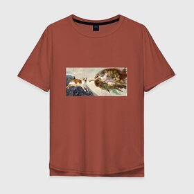 Мужская футболка хлопок Oversize с принтом Сотворение Адама и кот в Кировске, 100% хлопок | свободный крой, круглый ворот, “спинка” длиннее передней части | mem | memes | весело | искусство | кот | котик | мем | прикол | сотворение адама