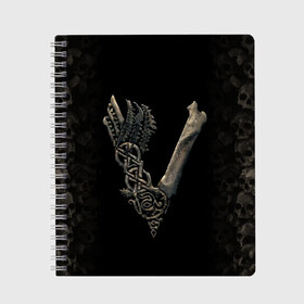 Тетрадь с принтом Vikings (bones logo) в Кировске, 100% бумага | 48 листов, плотность листов — 60 г/м2, плотность картонной обложки — 250 г/м2. Листы скреплены сбоку удобной пружинной спиралью. Уголки страниц и обложки скругленные. Цвет линий — светло-серый
 | Тематика изображения на принте: bones | good | skull | viking | vikings | бог | викинг | викинги | кости | скандинавы | череп | язычник
