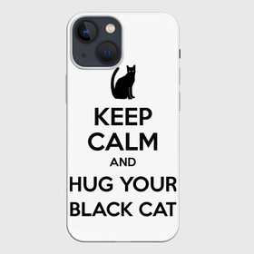 Чехол для iPhone 13 mini с принтом Обними своего черного кота в Кировске,  |  | Тематика изображения на принте: black cat | cat | keep calm | кип калм | парные | подарок | черный кот
