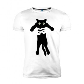 Мужская футболка премиум с принтом Черный кот в руках в Кировске, 92% хлопок, 8% лайкра | приталенный силуэт, круглый вырез ворота, длина до линии бедра, короткий рукав | cat | в руках | глаза | животное | кот | котенок | кошка | милый | черный