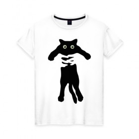 Женская футболка хлопок с принтом Черный кот в руках в Кировске, 100% хлопок | прямой крой, круглый вырез горловины, длина до линии бедер, слегка спущенное плечо | cat | в руках | глаза | животное | кот | котенок | кошка | милый | черный