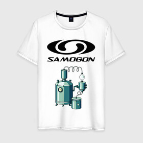Мужская футболка хлопок с принтом SAMOGON в Кировске, 100% хлопок | прямой крой, круглый вырез горловины, длина до линии бедер, слегка спущенное плечо. | salomon | прикол | приколы | самогон | шутка | юмор