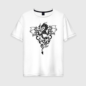 Женская футболка хлопок Oversize с принтом Дракон пышет огнём чёрный в Кировске, 100% хлопок | свободный крой, круглый ворот, спущенный рукав, длина до линии бедер
 | дракон | тату
