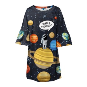 Детское платье 3D с принтом Where is Everybody? в Кировске, 100% полиэстер | прямой силуэт, чуть расширенный к низу. Круглая горловина, на рукавах — воланы | science | астронавт | астрономия | венера | земля | космонавт | космос | наука | научный | планеты | юпитер