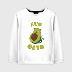 Детский лонгслив хлопок с принтом AvoCato в Кировске, 100% хлопок | круглый вырез горловины, полуприлегающий силуэт, длина до линии бедер | Тематика изображения на принте: авокадо | авокадо кот | кот | кот авокадо | котейка | котик | кошечка