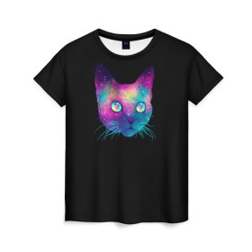 Женская футболка 3D с принтом Котейка в Кировске, 100% полиэфир ( синтетическое хлопкоподобное полотно) | прямой крой, круглый вырез горловины, длина до линии бедер | cat | space | глаза | голова | животное | звезды | космос | кот | кошка | усы