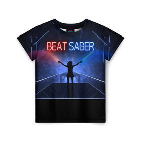 Детская футболка 3D с принтом Beat Saber в Кировске, 100% гипоаллергенный полиэфир | прямой крой, круглый вырез горловины, длина до линии бедер, чуть спущенное плечо, ткань немного тянется | 3d | 3д | beat | saber | виртуальная | игра | реальность | ритм
