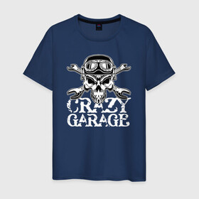 Мужская футболка хлопок с принтом Crazy garage в Кировске, 100% хлопок | прямой крой, круглый вырез горловины, длина до линии бедер, слегка спущенное плечо. | Тематика изображения на принте: bones | garage | helmet | orbits | skull | teeth | wrench | гаечный ключ | гараж | глазницы | зубы | череп | шлем