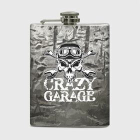 Фляга с принтом Crazy garage в Кировске, металлический корпус | емкость 0,22 л, размер 125 х 94 мм. Виниловая наклейка запечатывается полностью | Тематика изображения на принте: bones | garage | helmet | metal | orbits | skull | teeth | wrench | гаечный ключ | гараж | глазницы | зубы | металл | череп | шлем