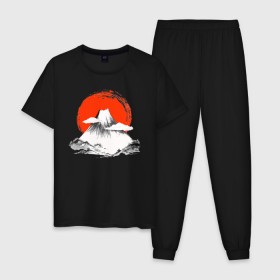 Мужская пижама хлопок с принтом Гора Фудзияма в Кировске, 100% хлопок | брюки и футболка прямого кроя, без карманов, на брюках мягкая резинка на поясе и по низу штанин
 | japan | japanese | акварель | восходящие солнце | гора | закат | искуство | красками | краски | красное | на груди | облака | облако | пейзаж | склон | солнце | солнышко | спереди | туристическая | фудзияма