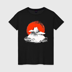 Женская футболка хлопок с принтом Гора Фудзияма в Кировске, 100% хлопок | прямой крой, круглый вырез горловины, длина до линии бедер, слегка спущенное плечо | japan | japanese | акварель | восходящие солнце | гора | закат | искуство | красками | краски | красное | на груди | облака | облако | пейзаж | склон | солнце | солнышко | спереди | туристическая | фудзияма